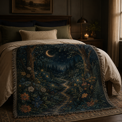 Moonlit forest woven blanket on a bedroom bed
