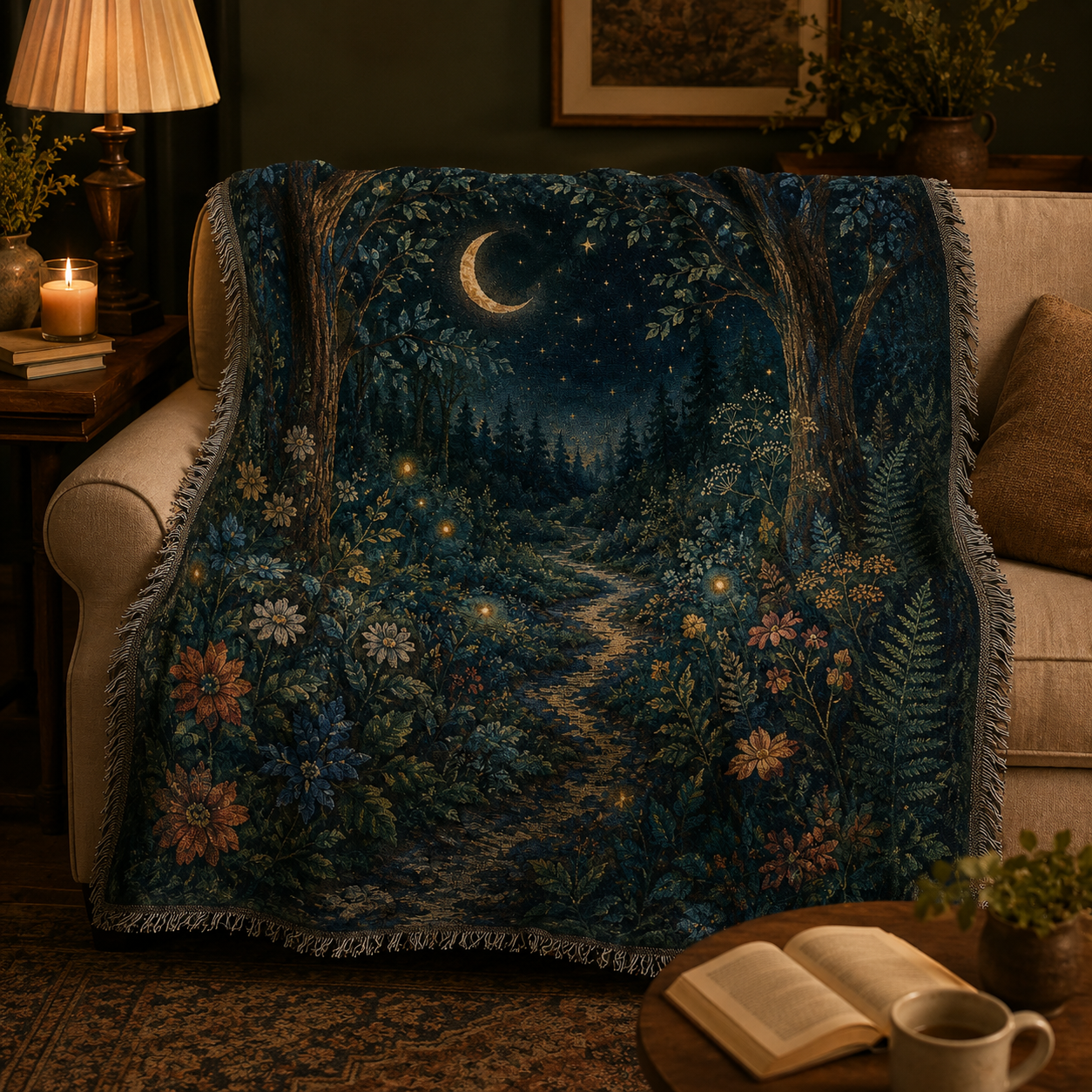Moonlit forest woven blanket on a sofa
