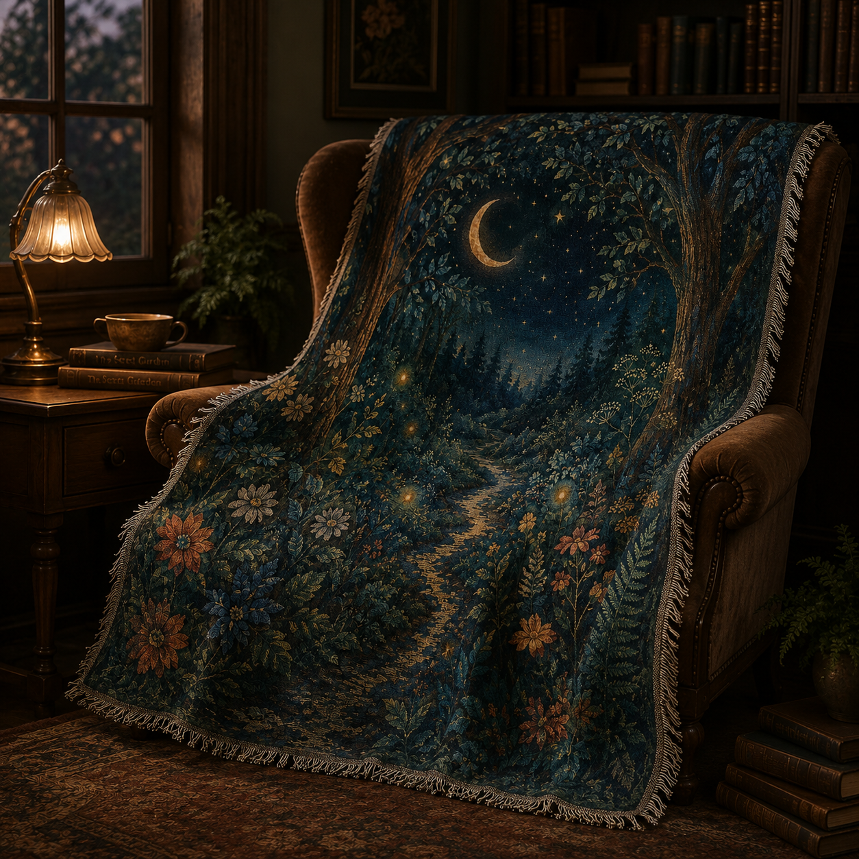 Moonlit forest woven blanket on a reading chair