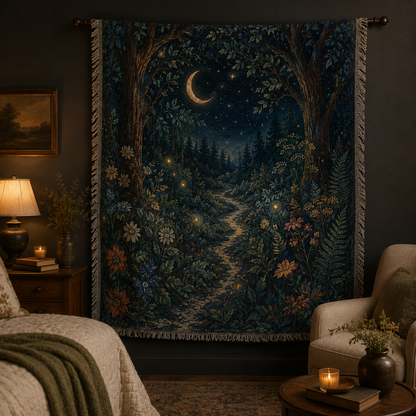 Moonlit forest woven blanket displayed as wall decor