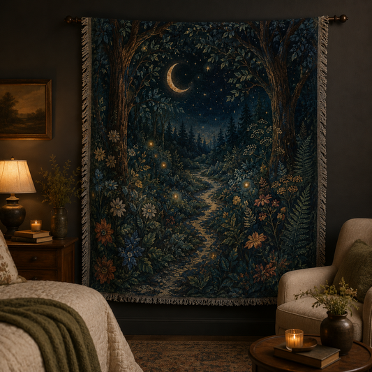 Moonlit forest woven blanket displayed as wall decor