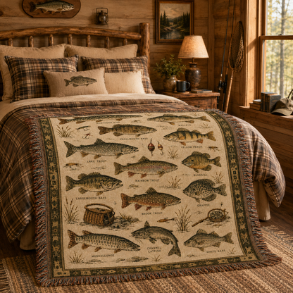 Freshwater fish tapestry blanket styled across a rustic cabin bed
