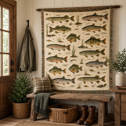 Freshwater fish woven tapestry displayed in a rustic cabin entryway