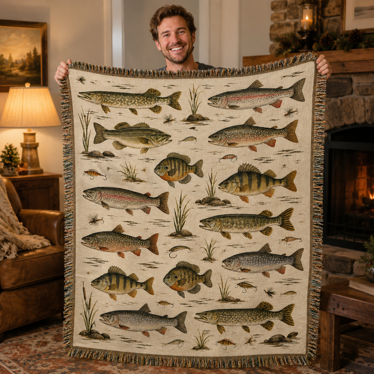 Person holding a freshwater fish woven blanket in a cozy lodge living room