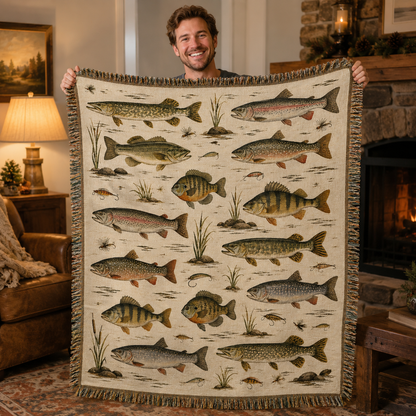 Person holding a freshwater fish woven blanket in a cozy lodge living room