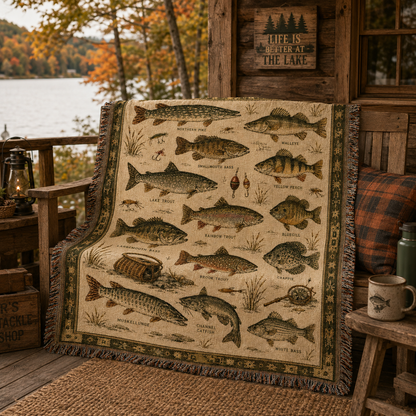 Freshwater fish woven blanket styled on a rustic lakeside cabin porch