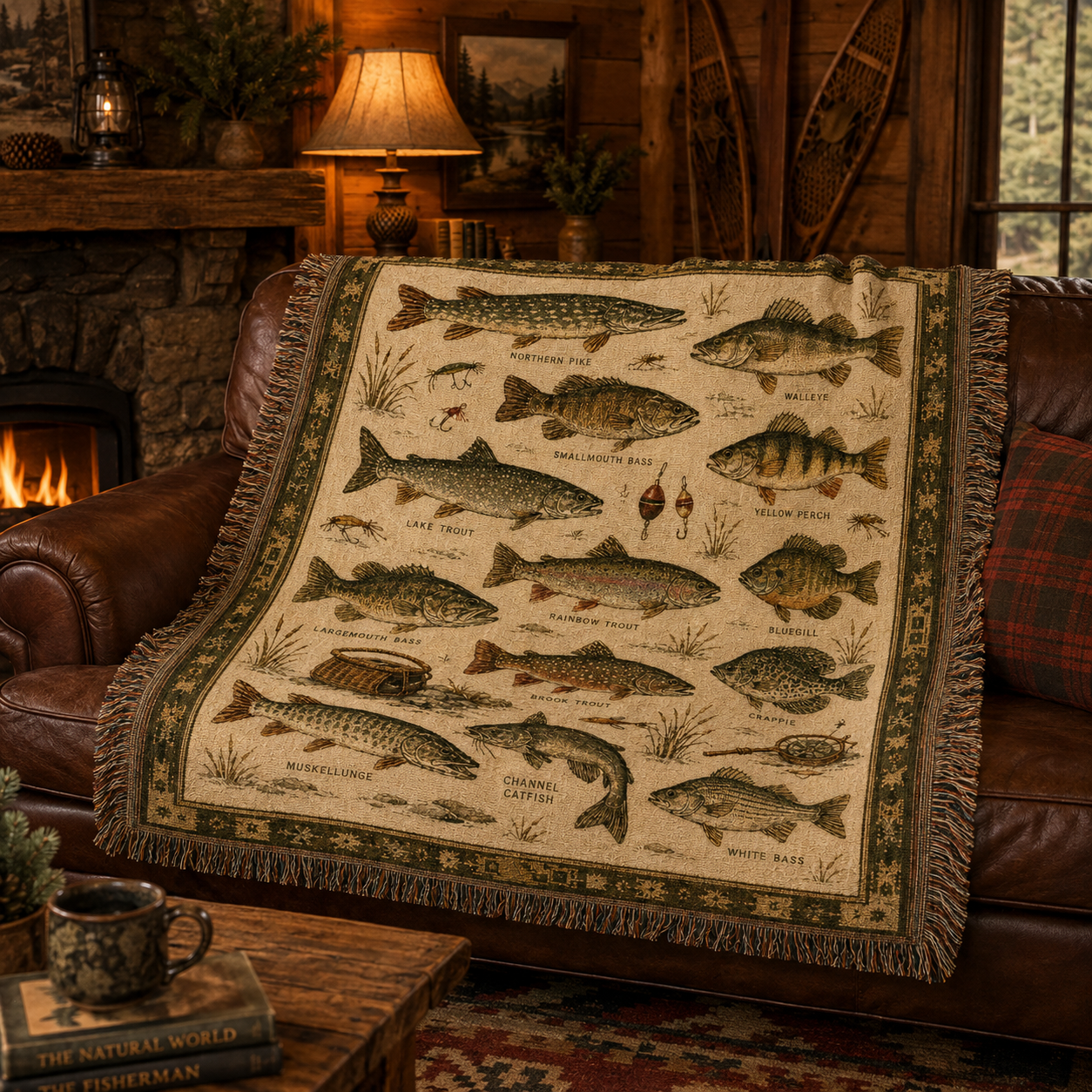 Vintage freshwater fish woven blanket draped over a leather sofa in a rustic lodge