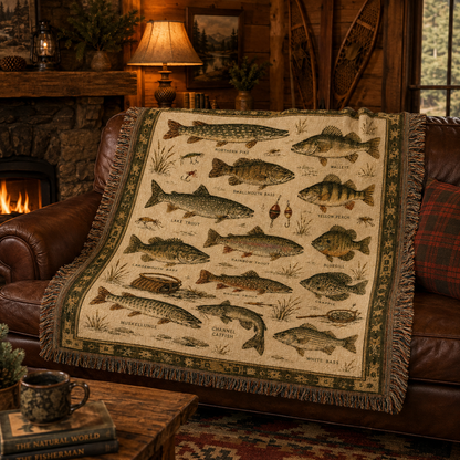 Vintage freshwater fish woven blanket draped over a leather sofa in a rustic lodge
