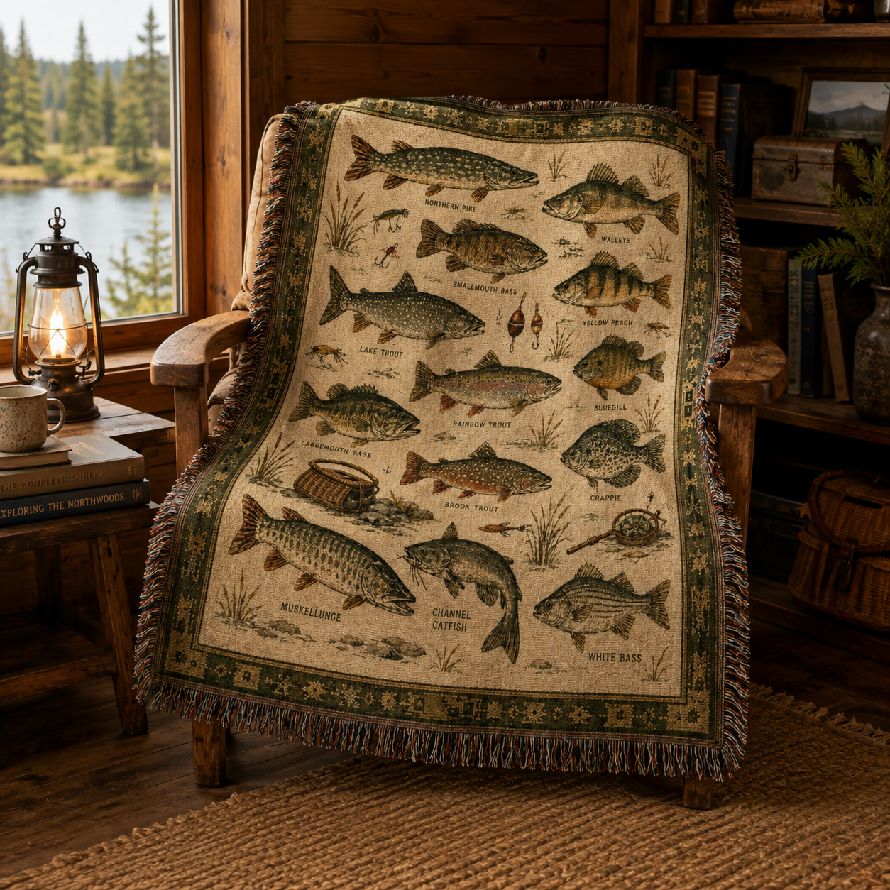 Vintage fishing woven blanket draped over a wooden chair in a lakeside reading nook