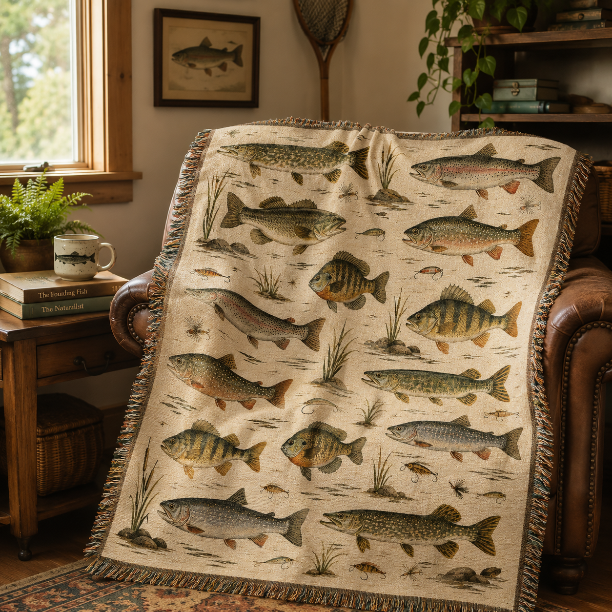 Freshwater fish woven blanket styled in a warm rustic reading room