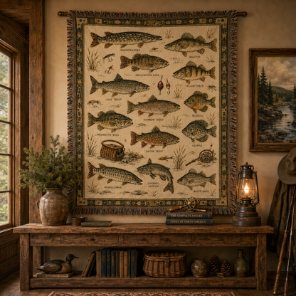 Freshwater fish woven blanket displayed as rustic cabin wall tapestry decor