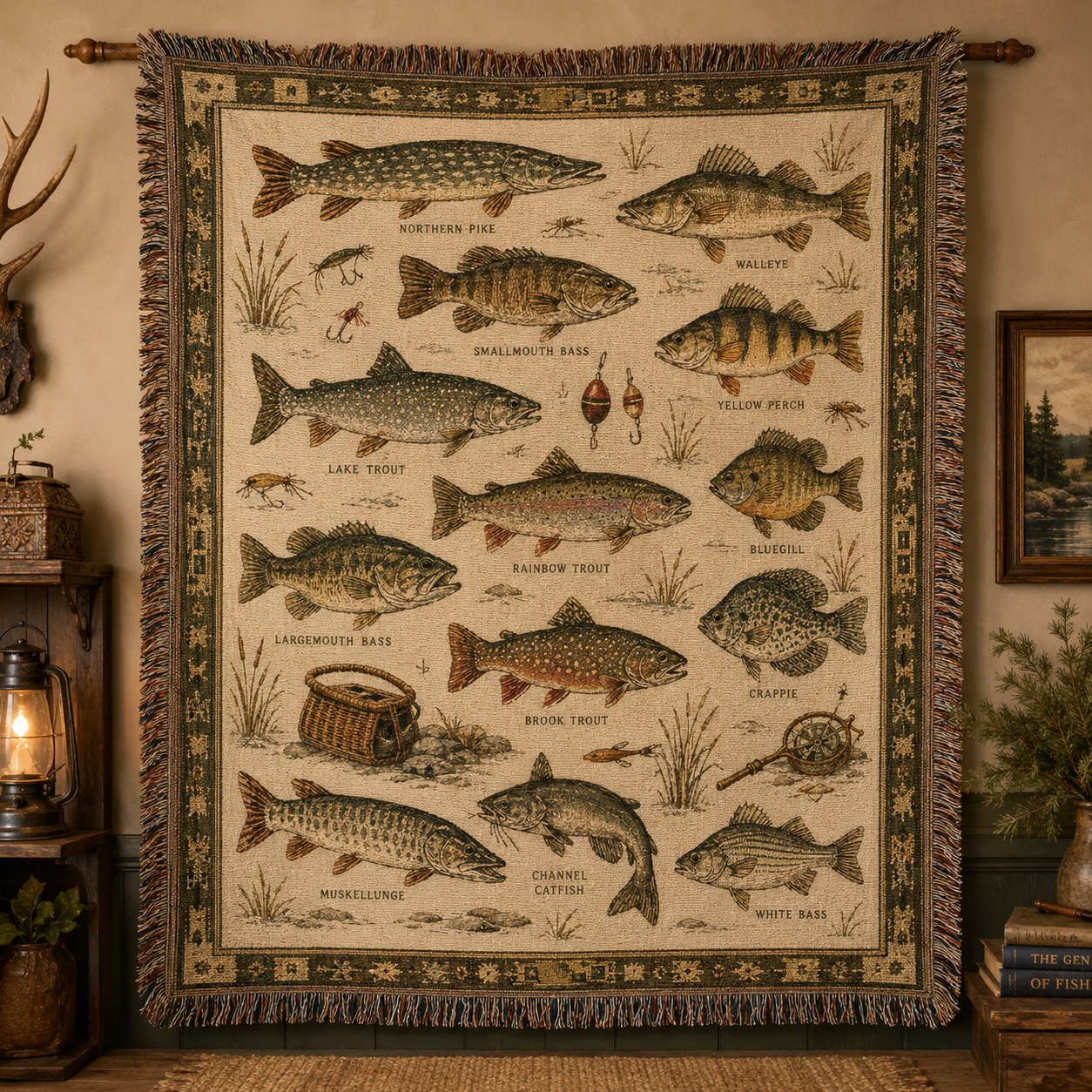 Freshwater fish field guide woven blanket with vintage illustrations labels and fringe