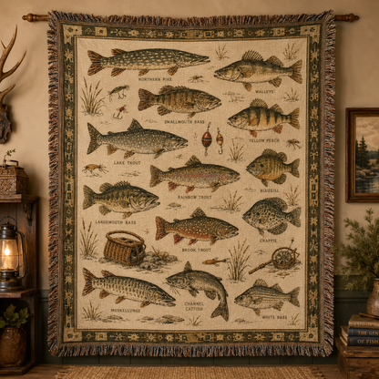Freshwater fish field guide woven blanket with vintage illustrations labels and fringe