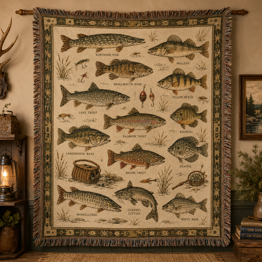 Freshwater fish field guide woven blanket with vintage illustrations labels and fringe