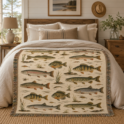 Freshwater fish woven blanket displayed across a warm rustic bedroom