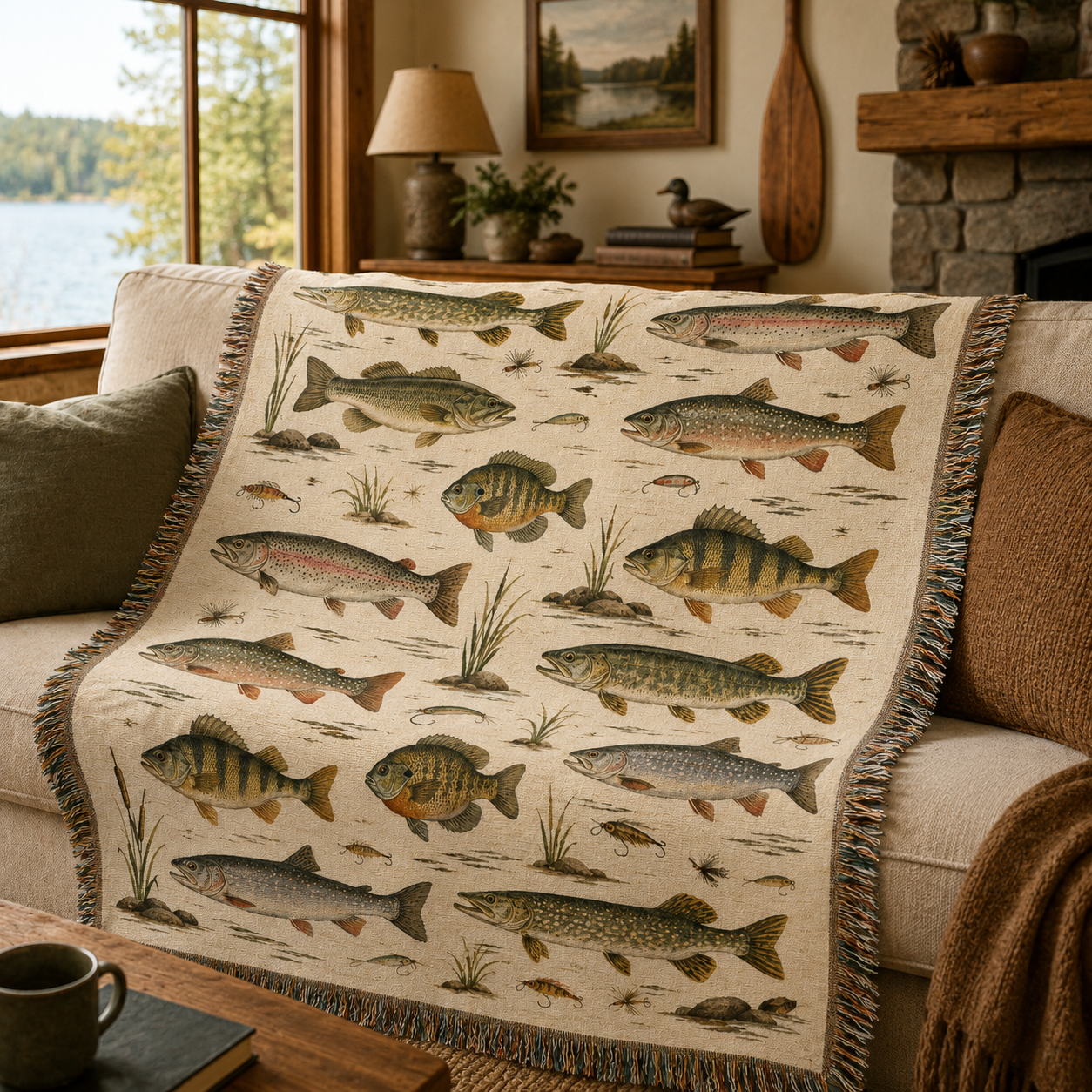 Freshwater fish woven blanket styled on a sofa in a rustic lake cabin