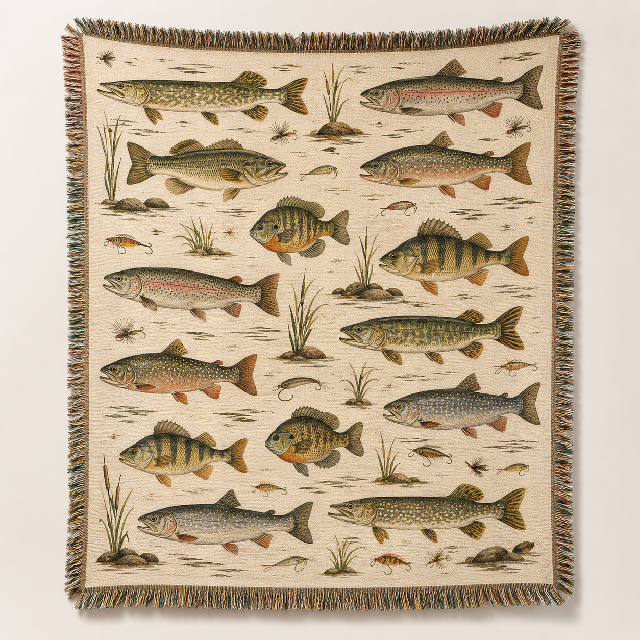 Freshwater fish woven blanket with vintage lake artwork and fringe