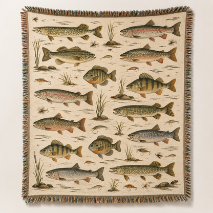 Freshwater fish woven blanket with vintage lake artwork and fringe