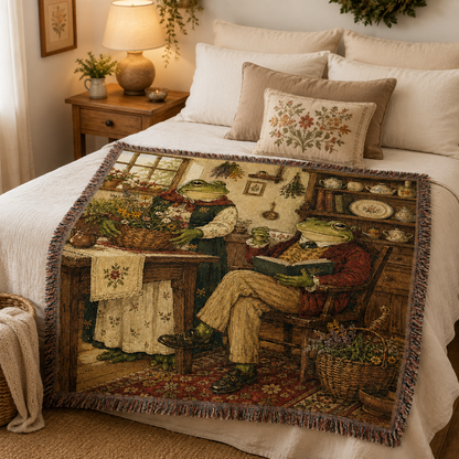 Frog cottage woven tapestry blanket styled across a warm farmhouse bed