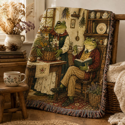 Frog cottage woven blanket with visible fringe in a cozy botanical corner