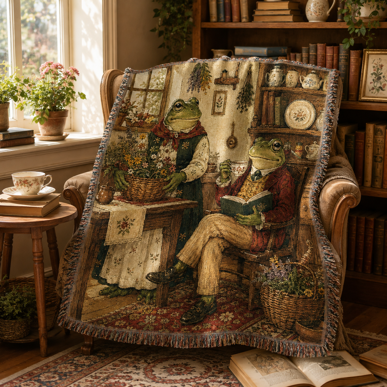 Whimsical frog woven blanket displayed on a vintage reading chair
