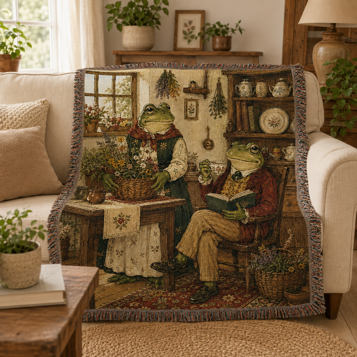Frog cottage woven blanket draped over a cream sofa in a cozy living room