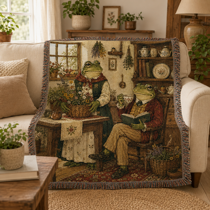 Frog cottage woven blanket draped over a cream sofa in a cozy living room