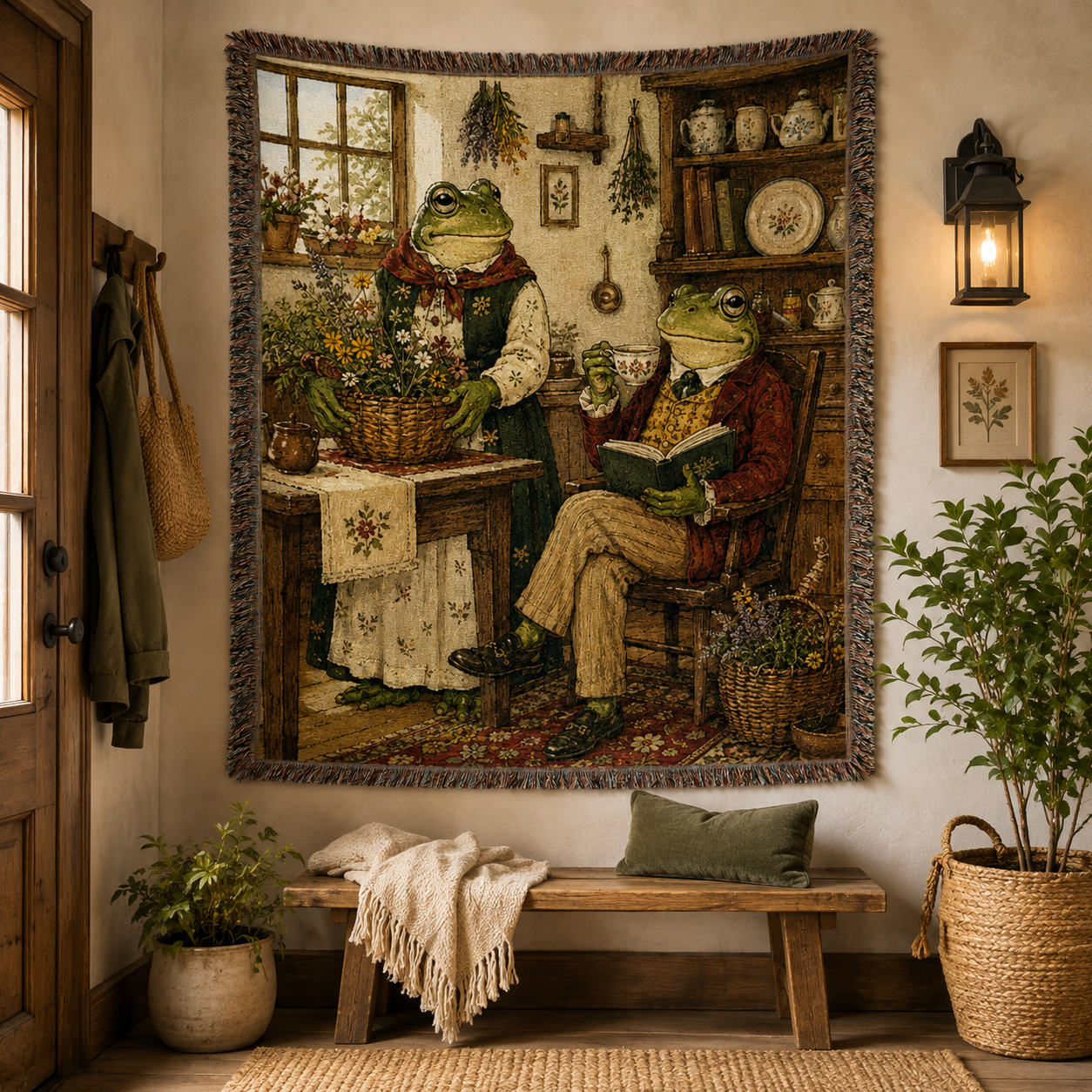 Frog cottage woven blanket displayed as storybook wall tapestry decor