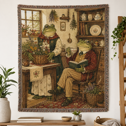 Whimsical frog cottage woven blanket with tea reading and wildflower scene