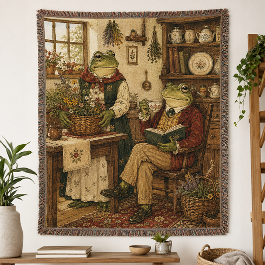 Whimsical frog cottage woven blanket with tea reading and wildflower scene