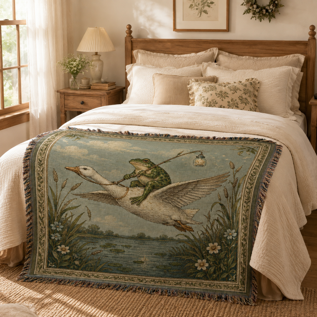 Frog and goose woven blanket styled across a cozy cottage bedroom bed