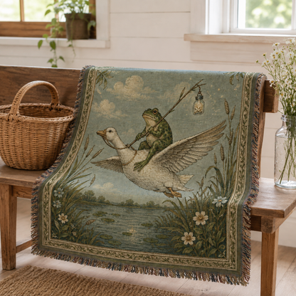 Vintage frog and goose woven blanket styled on a rustic wooden bench