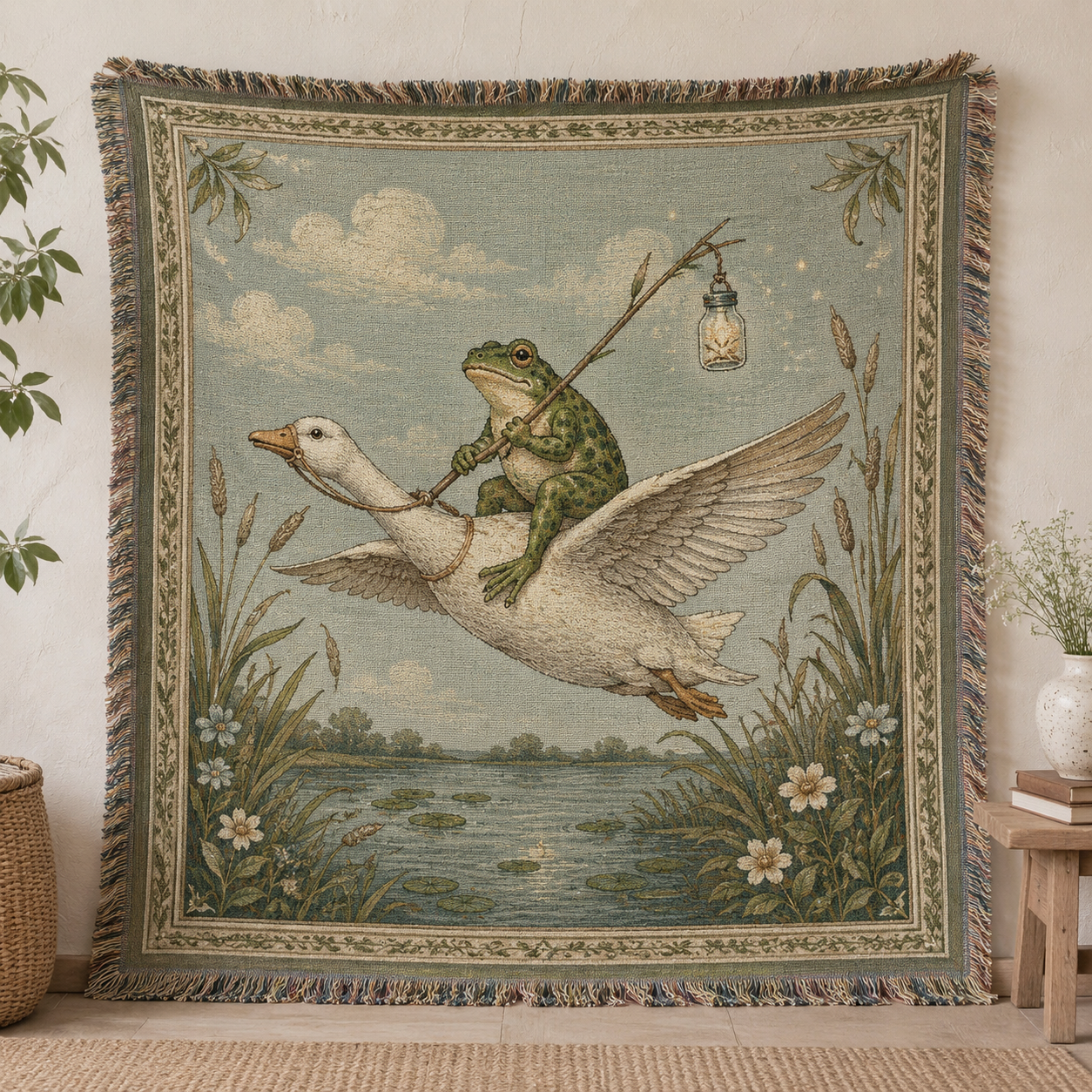 Whimsical frog riding a flying goose woven blanket with marsh botanicals and fringe