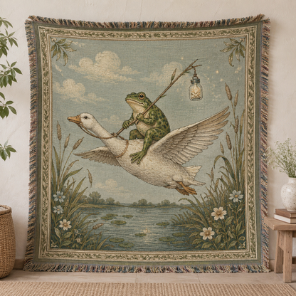 Whimsical frog riding a flying goose woven blanket with marsh botanicals and fringe