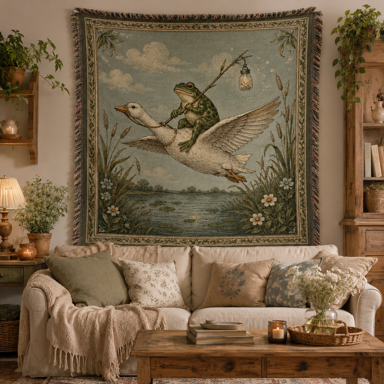 Frog riding goose woven tapestry displayed above a cozy cottage sofa
