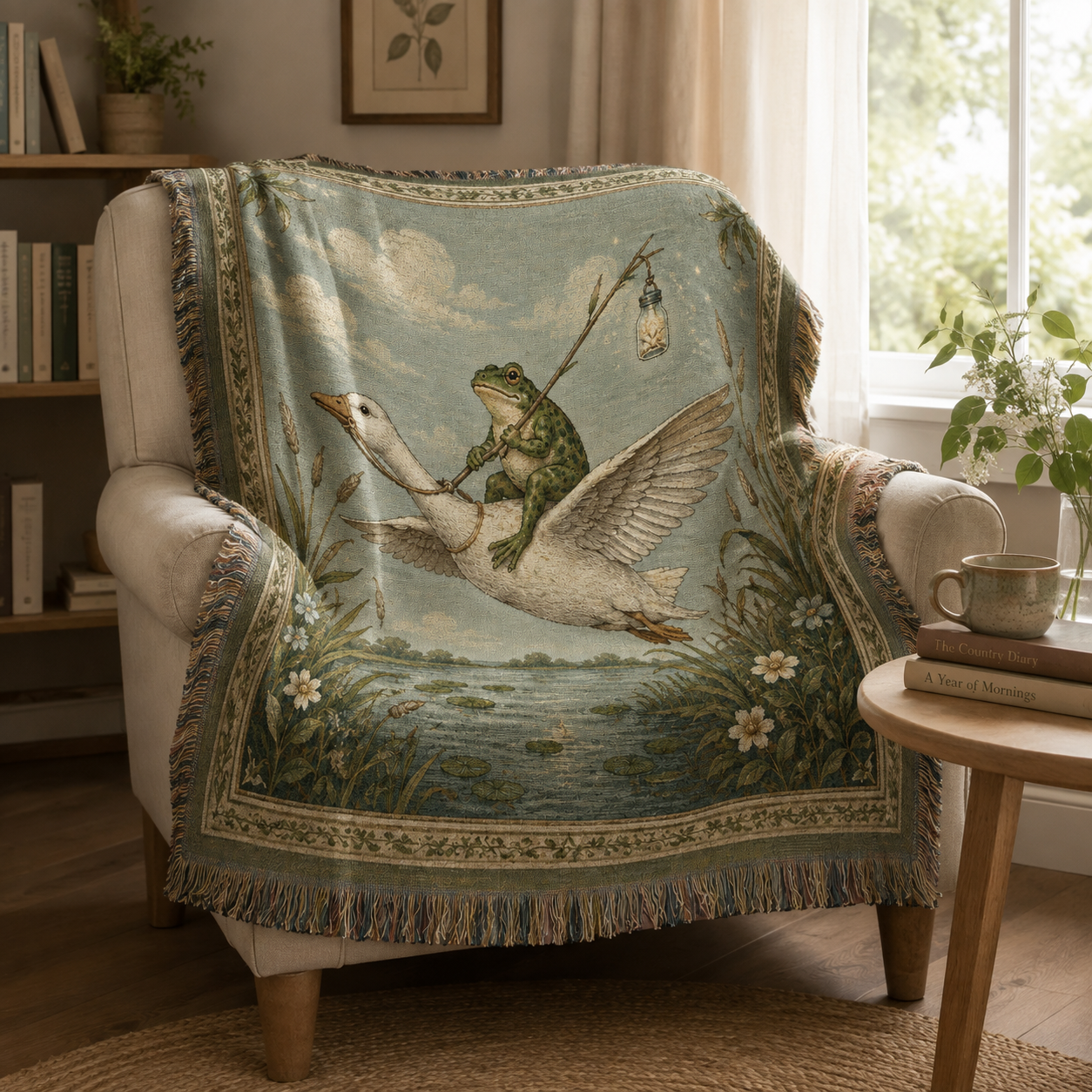 Whimsical frog and goose tapestry throw draped over a reading chair