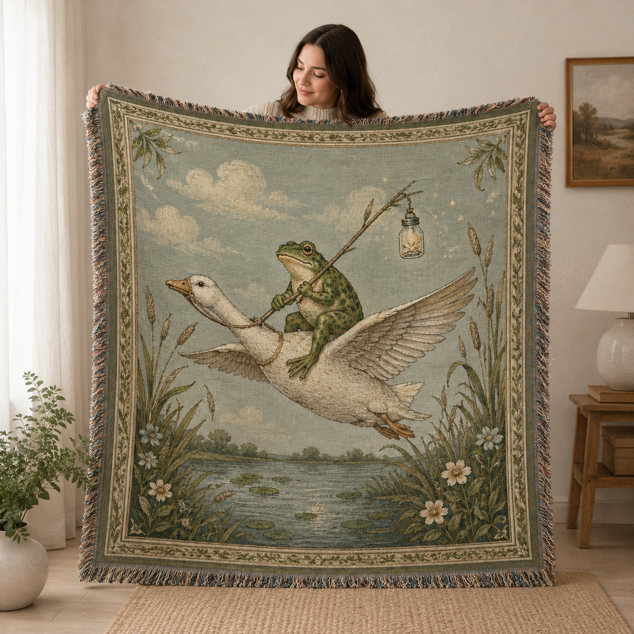 Person holding a large frog and flying goose woven blanket for scale