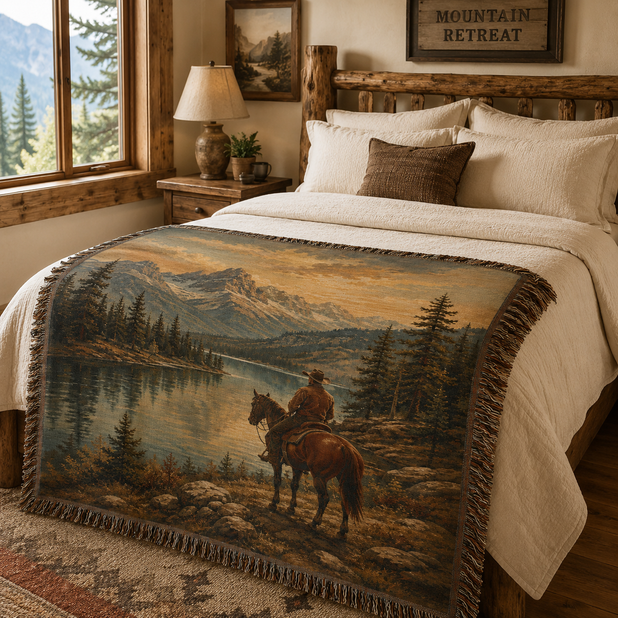 Frontier Lake western woven blanket styled across a rustic lodge bed