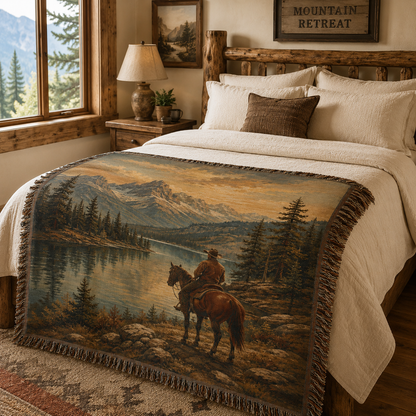 Frontier Lake western woven blanket styled across a rustic lodge bed