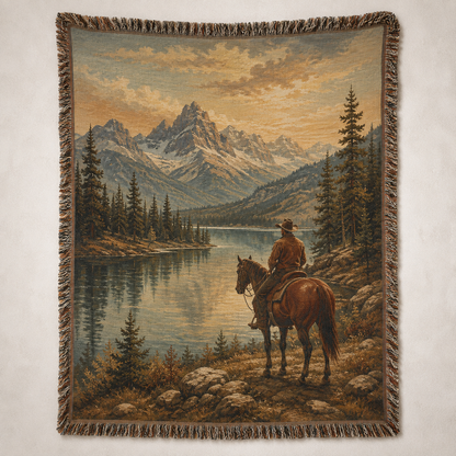 Frontier Lake cowboy woven blanket with mountain lake landscape and fringe