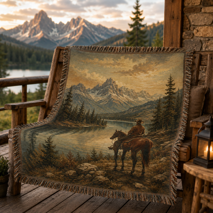 Frontier Lake cowboy woven blanket styled on a mountain cabin porch