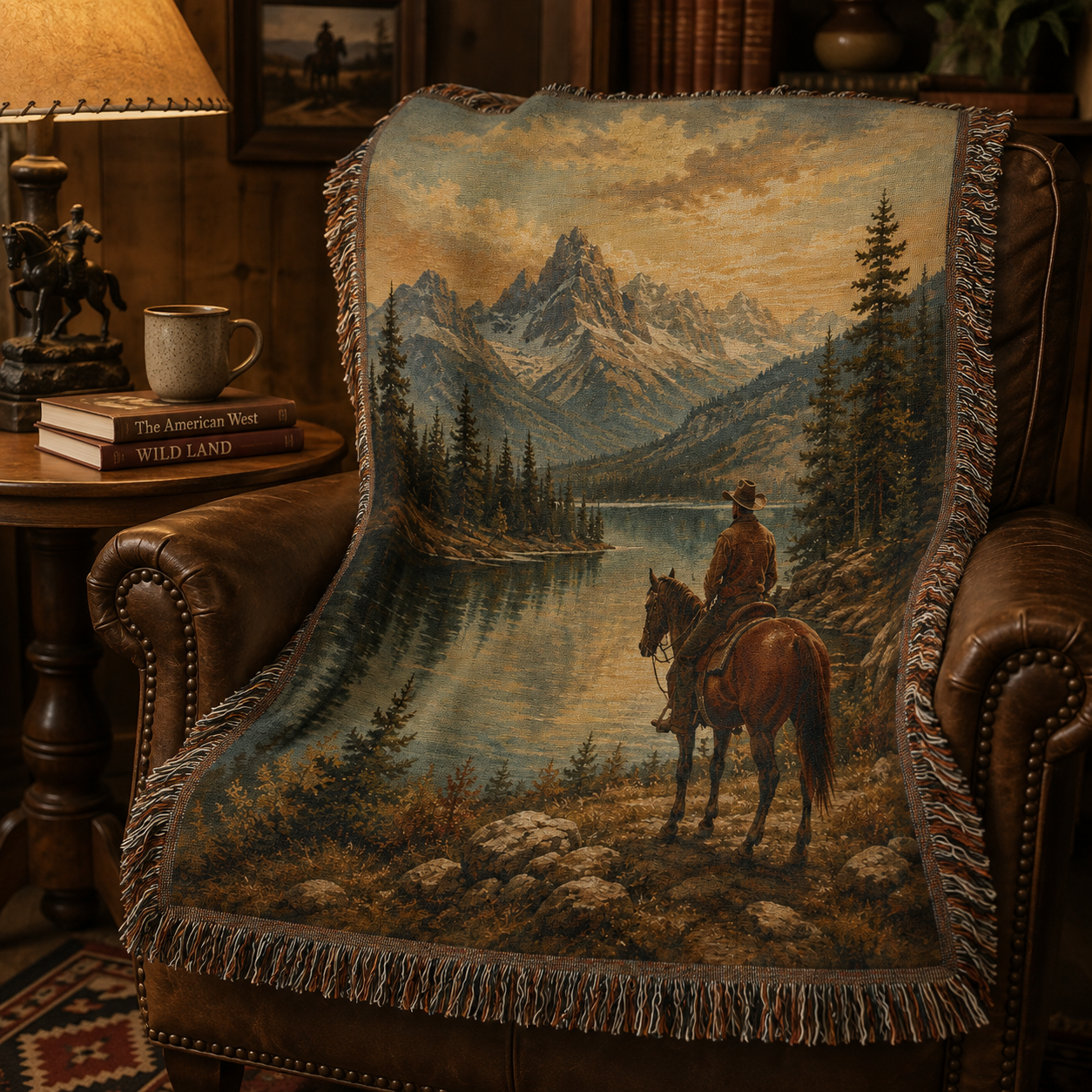 Frontier Lake cowboy tapestry blanket draped over a leather reading chair