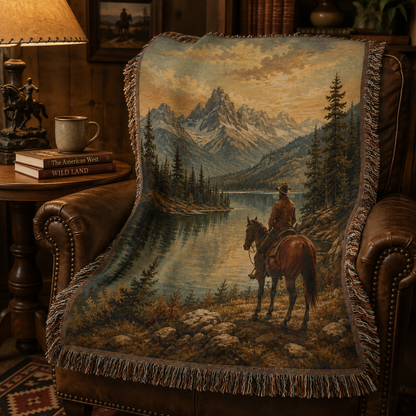 Frontier Lake cowboy tapestry blanket draped over a leather reading chair