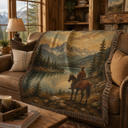 Frontier Lake cowboy woven blanket draped over a rustic cabin sofa