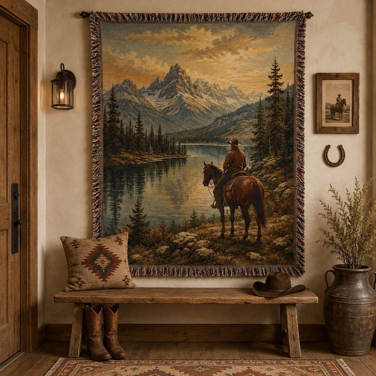 Frontier Lake western woven blanket displayed as rustic wall tapestry decor