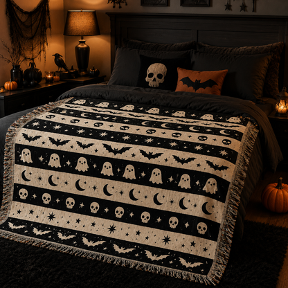 Black ivory ghost bat Halloween woven throw across a moody Halloween bedroom bed