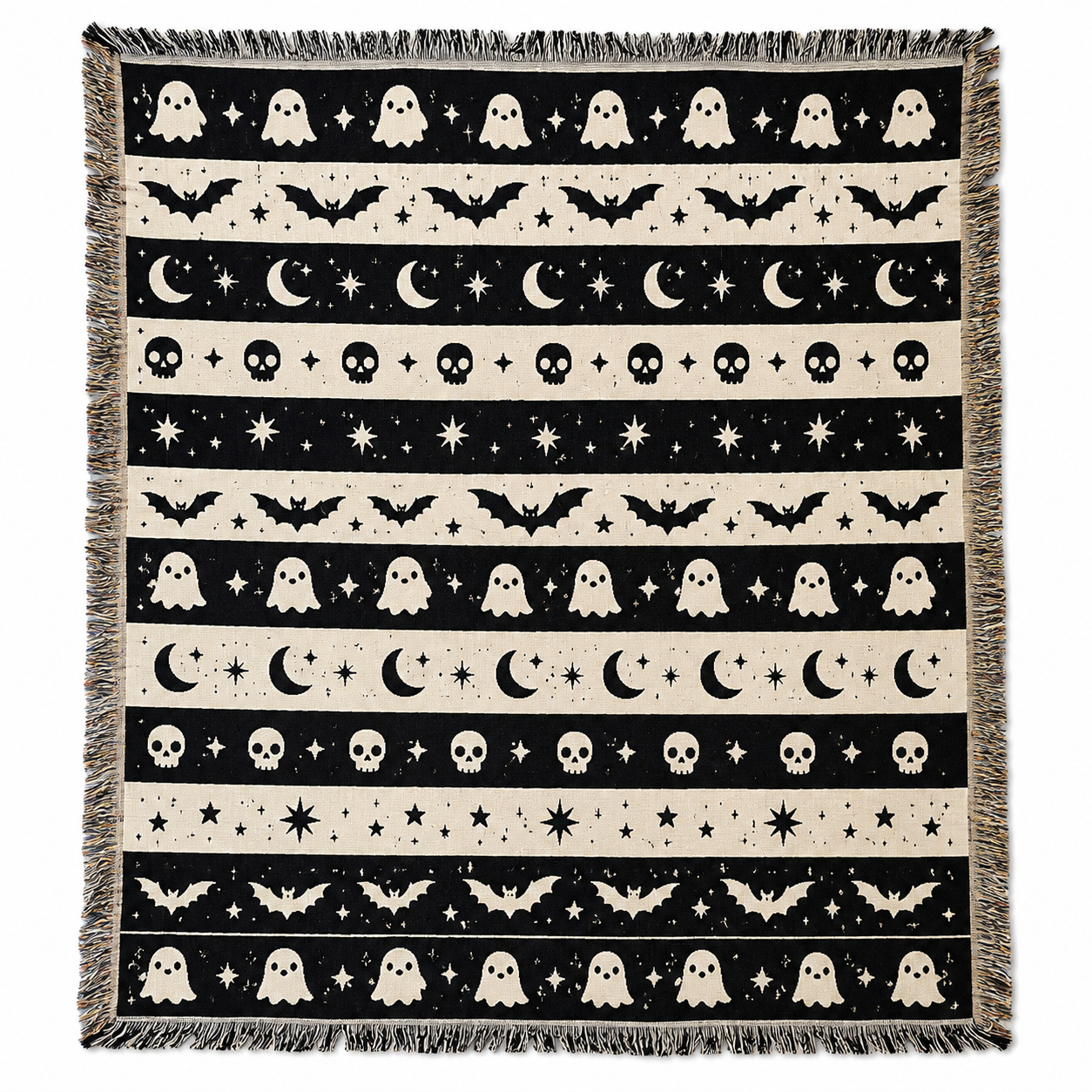 Black and ivory Halloween woven throw blanket with ghosts bats moons skulls stars and fringe