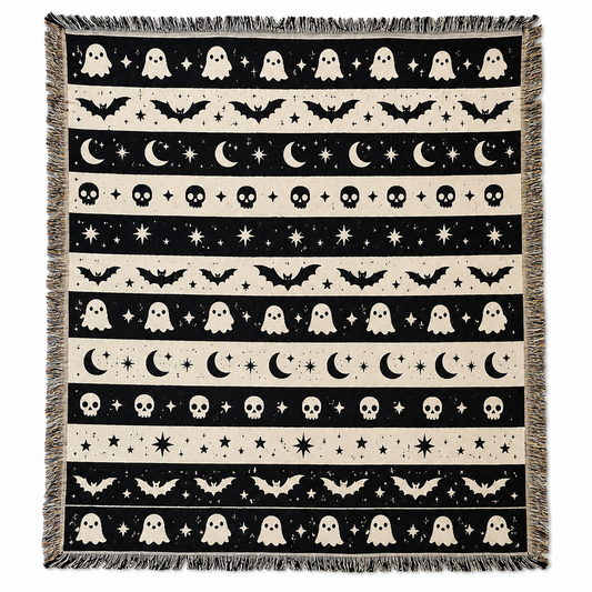 Black and ivory Halloween woven throw blanket with ghosts bats moons skulls stars and fringe