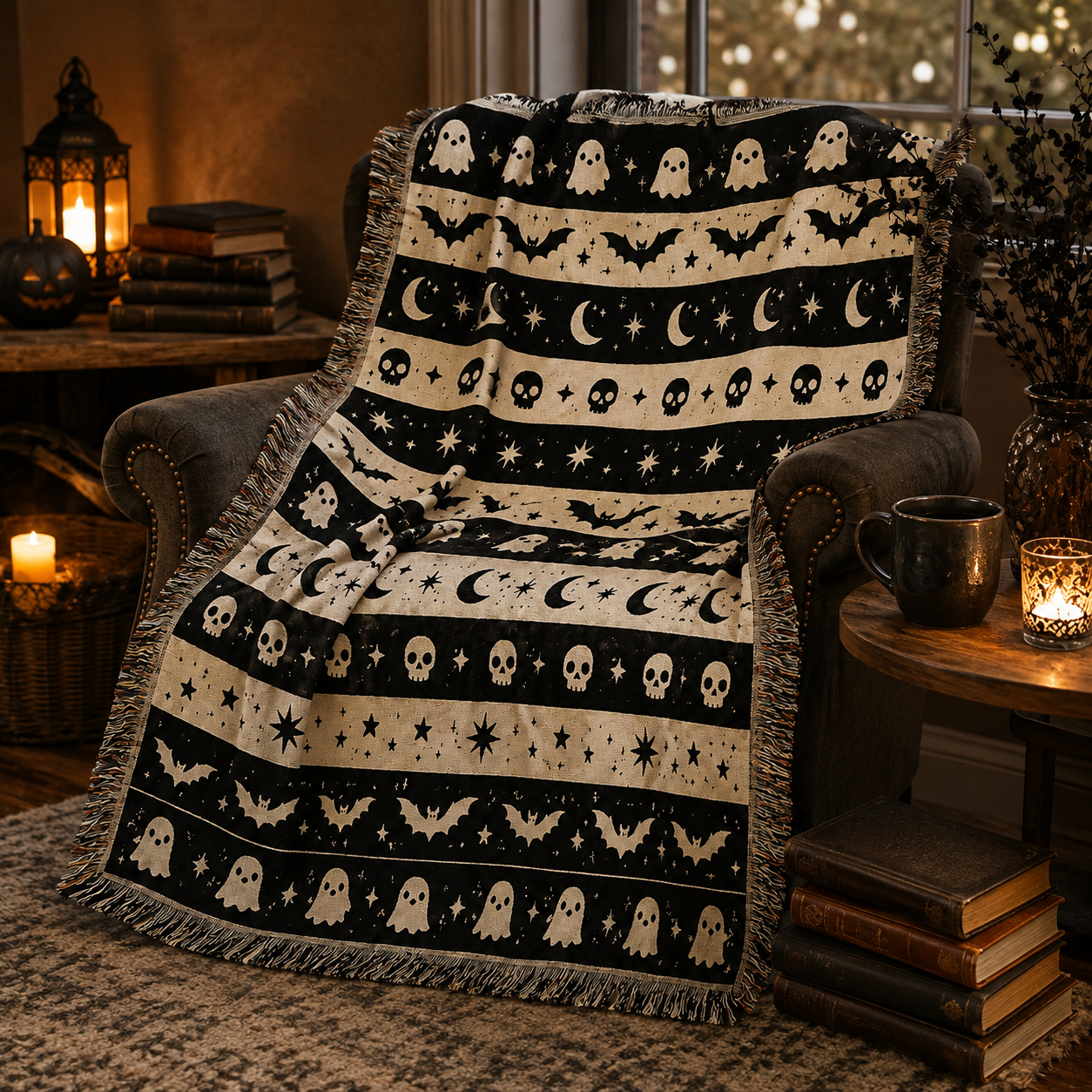 Ghost bat moon Halloween woven throw blanket in a cozy candlelit reading nook