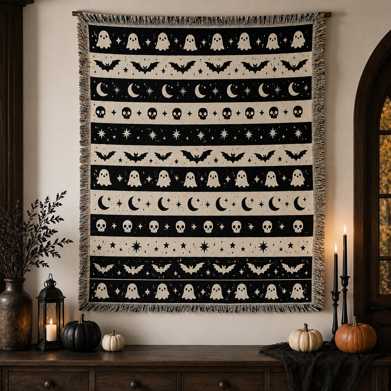 Black and ivory ghost bat Halloween woven blanket displayed as seasonal wall tapestry decor